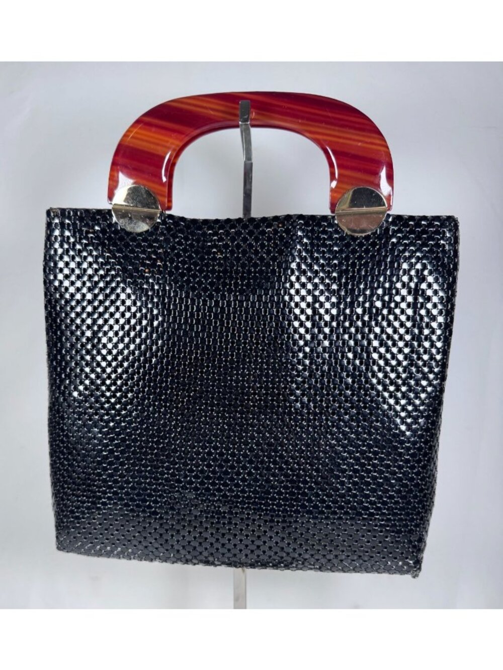 Vintage Whiting Davis Black Beaded Handbag Red Lucite Handle Y2k - Picture 3 of 14